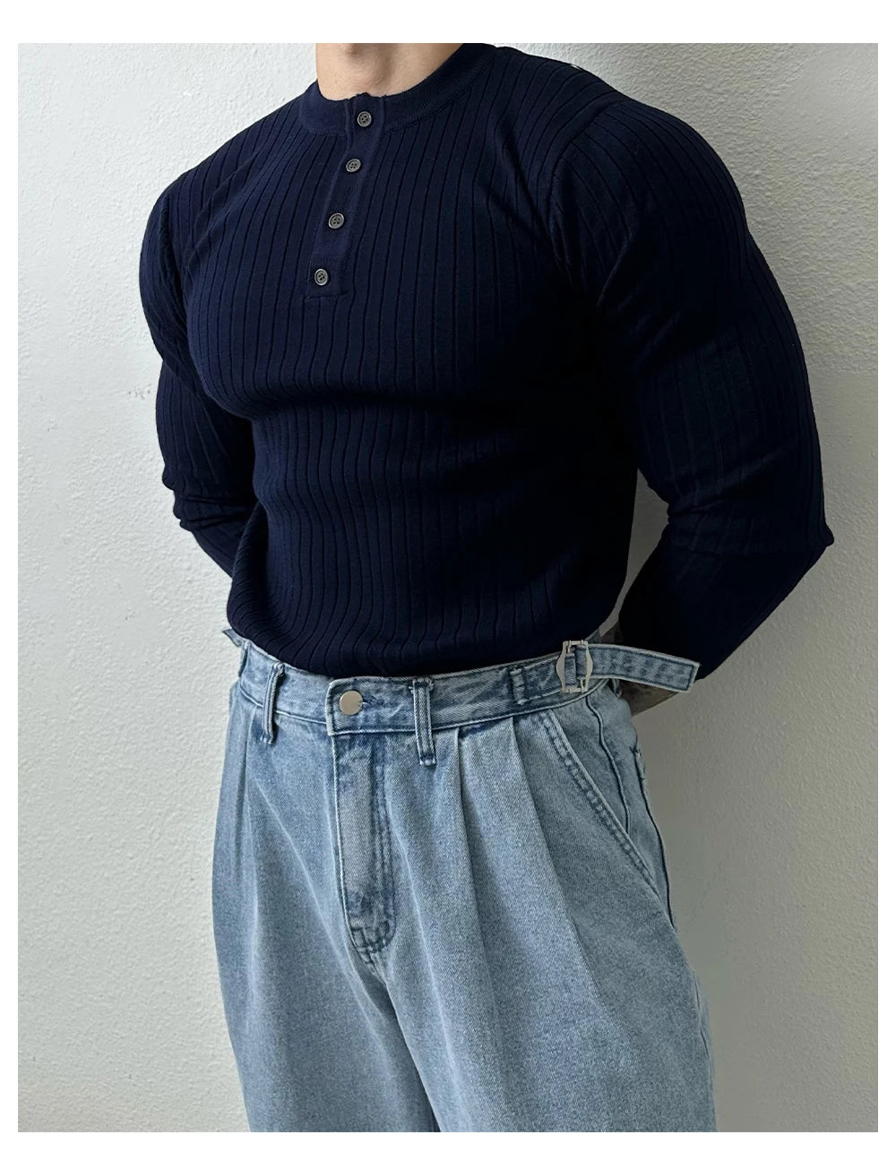 Autumn Clothing Men's Light Luxury Knit Korean Popular Henry Collar T-shirt Button-down Long Sleeve Retro Leisure Knitwear