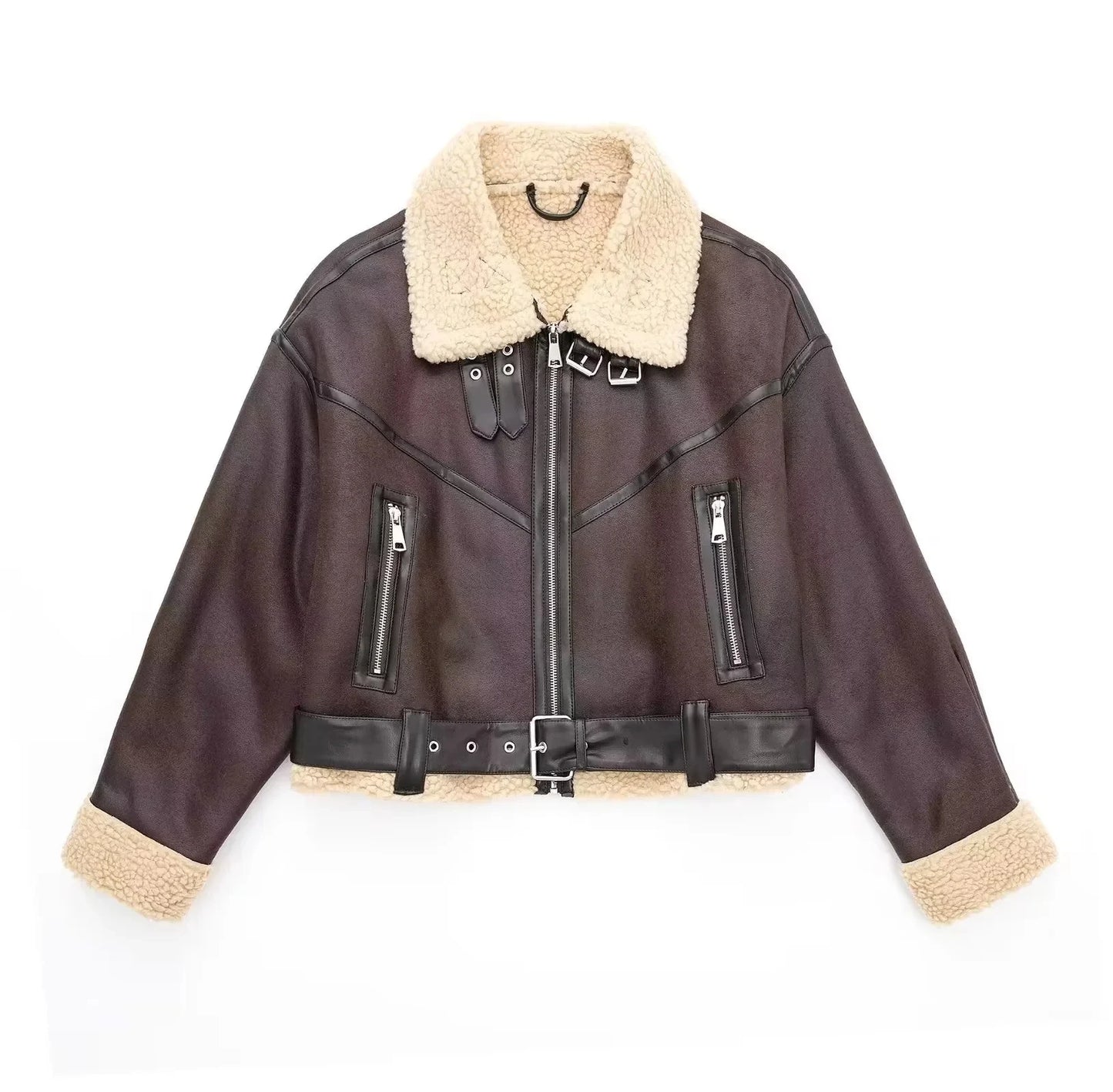 Winter Women's Belted Short Jacket Windbreaker Coat Fashion Retro Warm Thickened Long Sleeve Zipper Mujer Roupa Street
