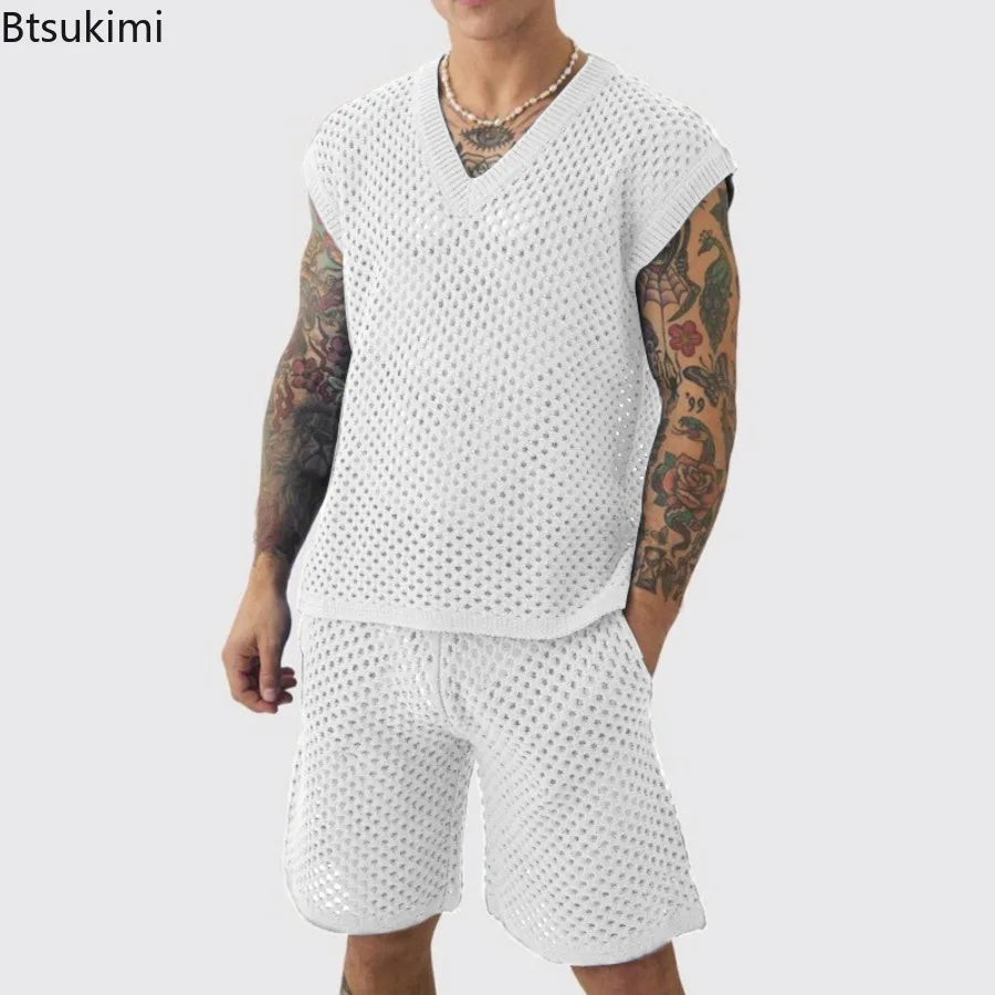 New Men's Summer Casual Knit V Neck Two-piece Sets Fashion Solid Loose Tank Tops and Shorts Sport Suit Men Hollow Out Streetwear