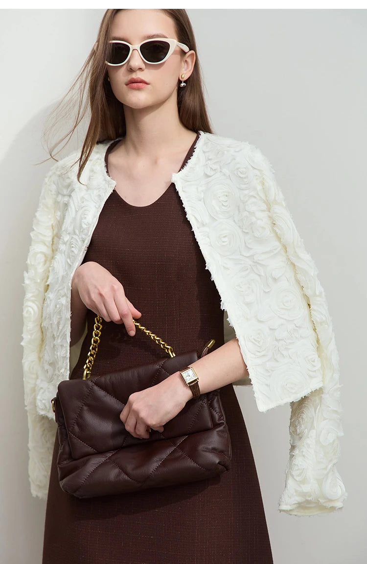 AMII Minimalism Short Jacket Women 2025 Autumn New Elegant Romantic Stereoscopic Flower O-Neck Hook Button Outwear Coat 12521066