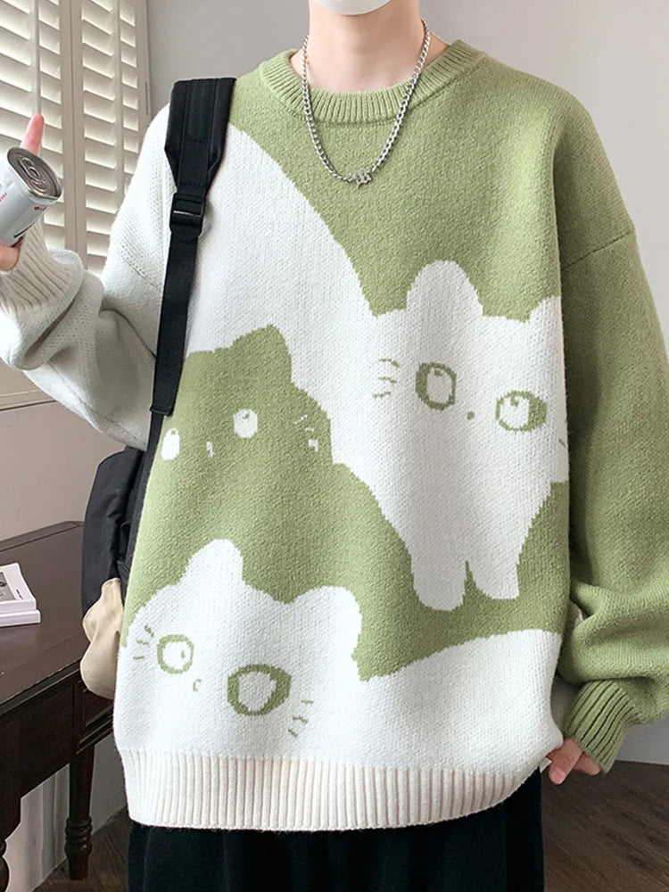 Winter Men's Anime Cat Jacquard Crewneck Knitted Sweaters Hip Hop Fashion Graphic Printed Y2K Jumpers Streetwear Knit Pullovers