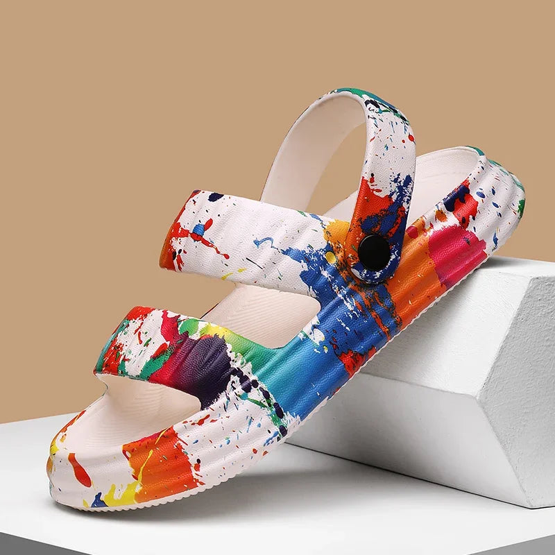 2024 New Thick-soled EVA Cave Shoes Women's Summer Wear Non-slip Beach Soft-soled Semi-Slippers Fashion Printed Sandals