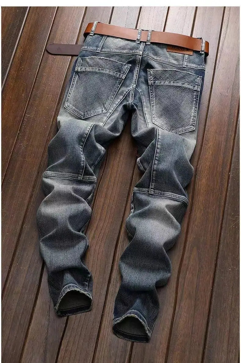 New Spring Autumn Wash Denim Korean Style Blue Designer Cowboy Cycling Motorcycle Splice Vintage Cargo Strech Pant Jean Trousers