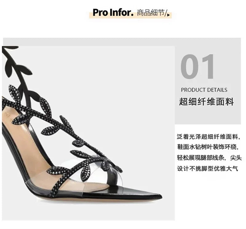 European American Pointed-Toed Rhinestone Leaves Thin Heel Sandals 2025 Spring And Autumn New Style Fashionable Elegant Party