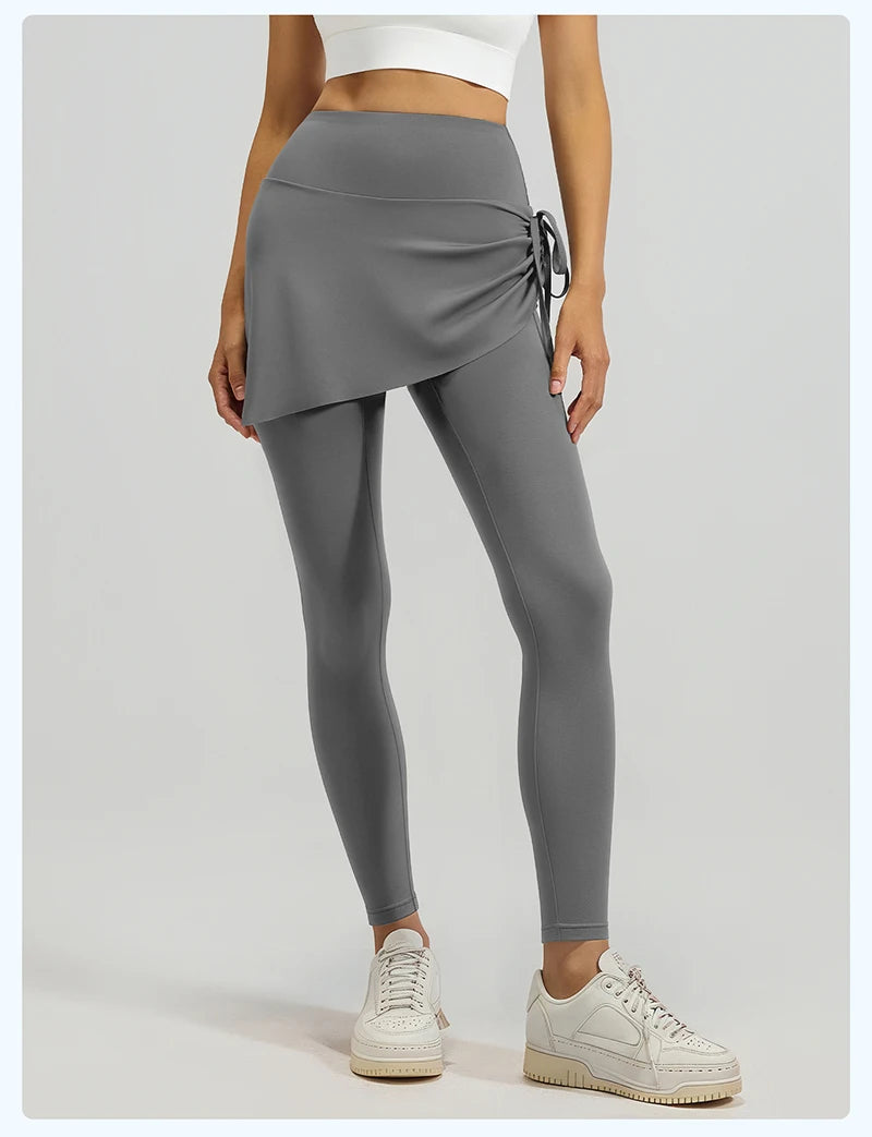 BIVIGAOS New Spring Drawstring Pleated Yoga Leggings Skirt Pants Fake Two Piece Women High Waist Elastic Sports Fitness Leggings
