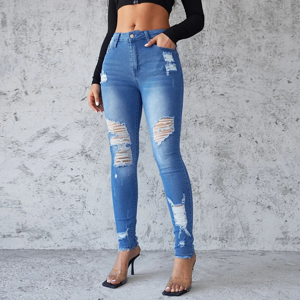 Women's Skinny Jeans Hole Design Spring Summer New Style Butt Lifting Long Trousers Comfortable Fit Denim Pants
