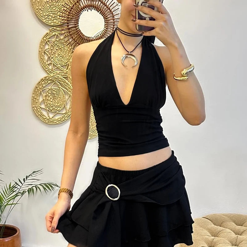 HXAO Halter Top Women Off Shoulder Deep V-Neck Crop Top y2k Sexy Backless Tank Top Street Style Casual Women's Summer Tops 2025