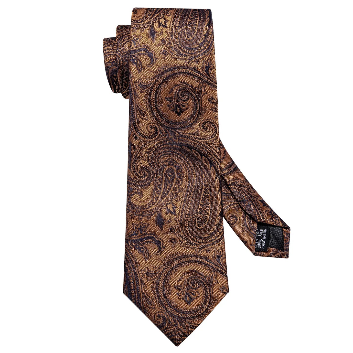 Barry.Wang Orange Brown Silk Mens Tie Hanky Cufflinks Set Gold Coffee Jacquard Designer Necktie For Male Wedding Business Party