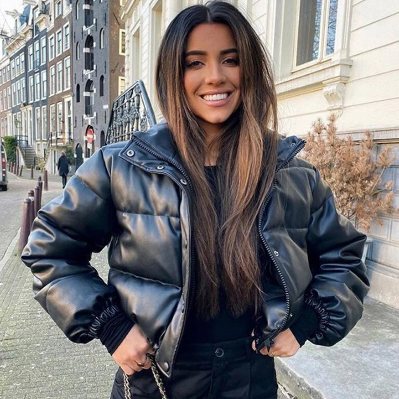 Winter Warm Thick PU Leather Coats Women Short Parkas Fashion Black Cotton Padded Lady Down Jacket Elegant Zipper Clothes 2025