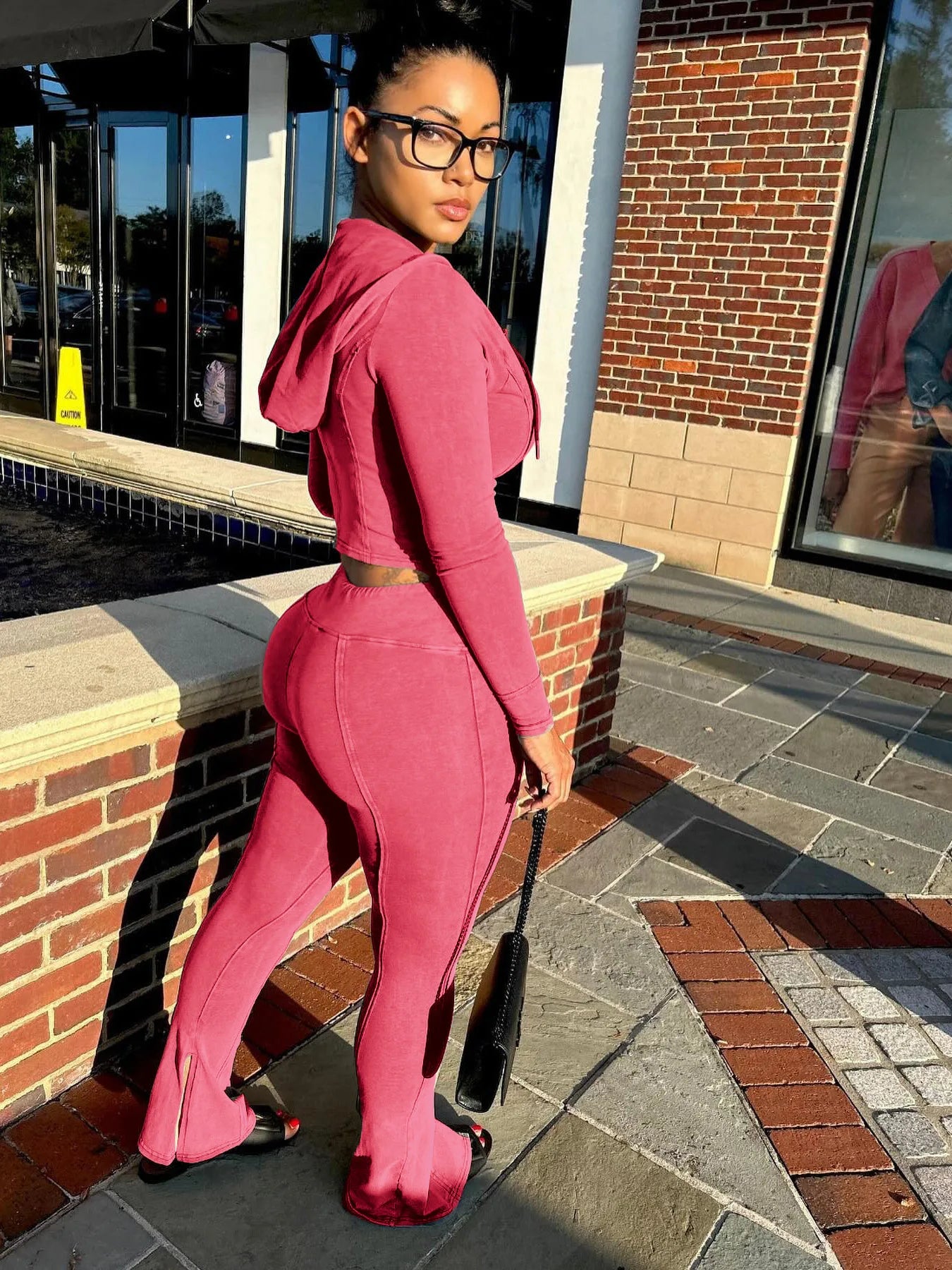 CM.YAYA Fashion Women's Set Long Sleeve Hooded Jacket and Slit Hem Flare Pants 2024 Fitness Two 2 Piece Set Outfits Tracksuit