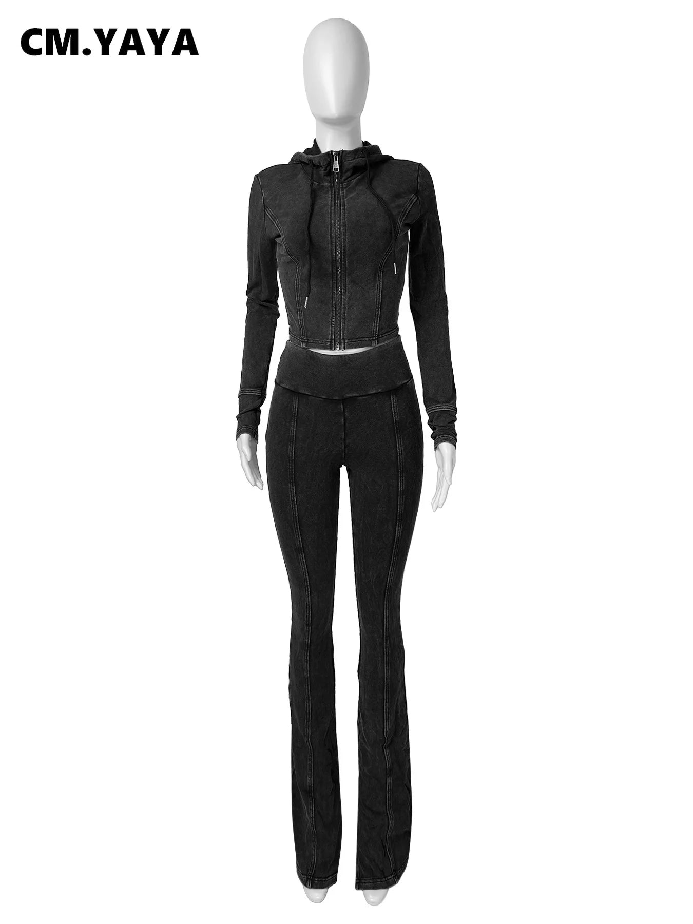 CM.YAYA Fashion Women's Set Long Sleeve Hooded Jacket and Slit Hem Flare Pants 2024 Fitness Two 2 Piece Set Outfits Tracksuit