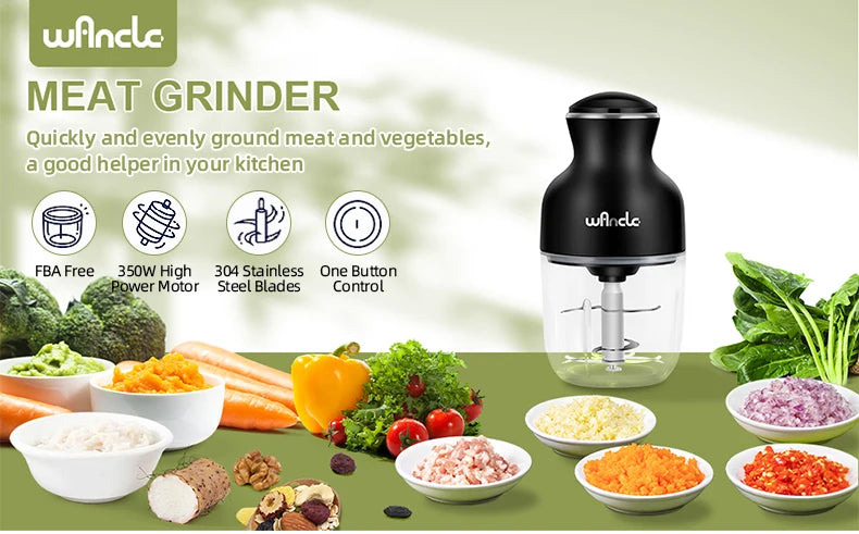 Wancle 0.6L Household Meat Grinder Food Processor Stainless Steel Blade 350W High Power Vegetable Fruit Chopper Kitchen Grinder