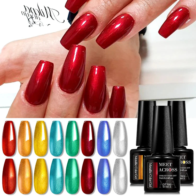MEET ACROSS 8pc Metallic Series Gel Nail Polish Set Red Gold Mirror Effect Soak Off UV LED Gel Kit for Nail Art Manicure Varnish