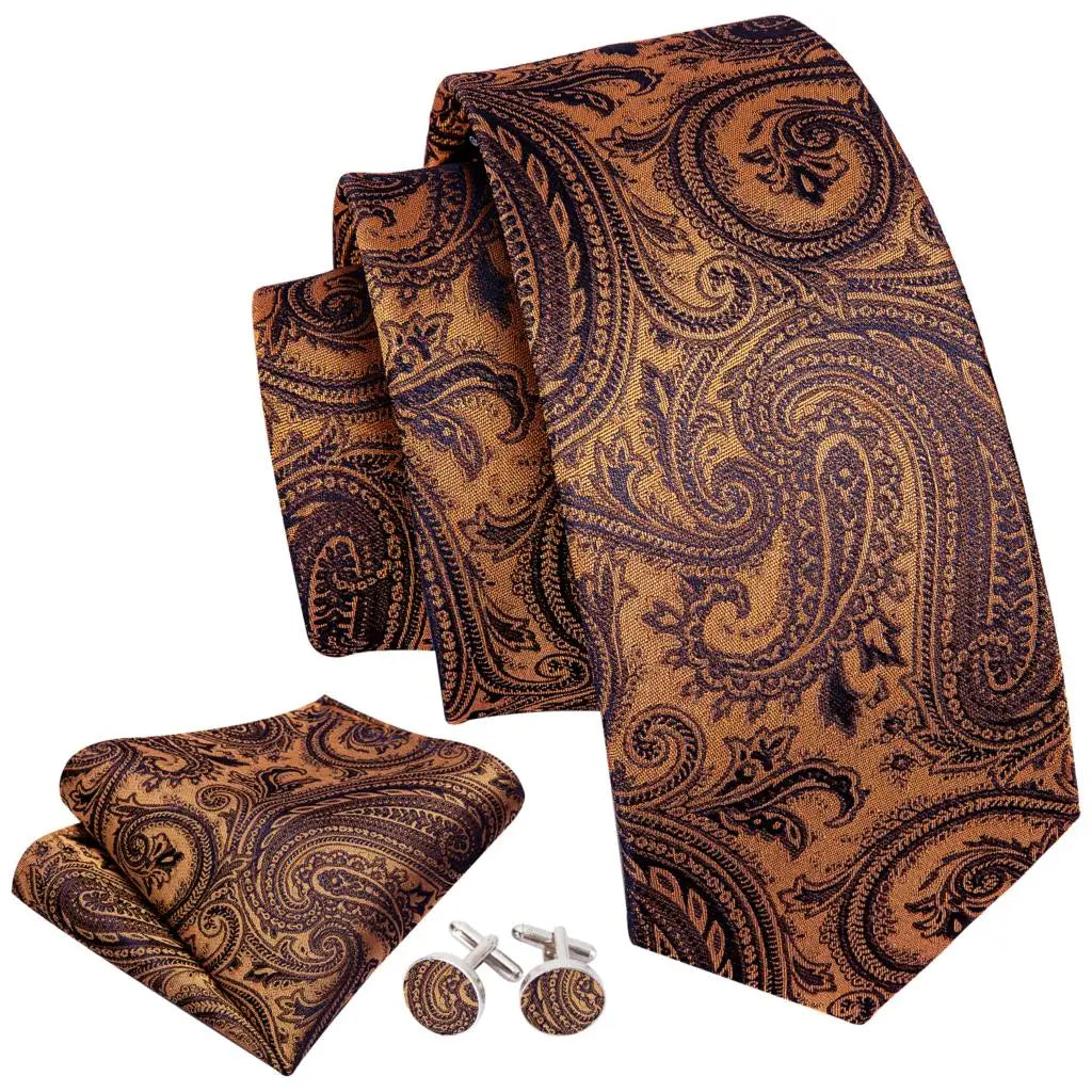 Barry.Wang Orange Brown Silk Mens Tie Hanky Cufflinks Set Gold Coffee Jacquard Designer Necktie For Male Wedding Business Party
