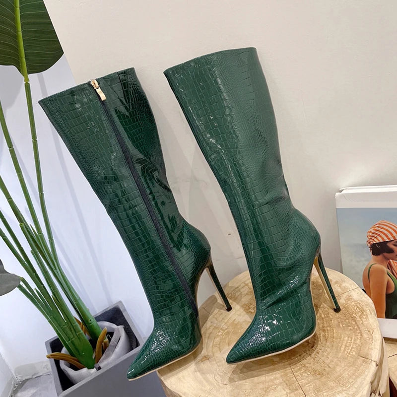 Liyke Autumn Winter Zip Knee High Boots Women Sexy Pointed Toe Snake Print Stiletto Heels Party Nachtclub Stripper Shoes Pumps