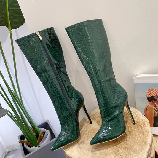 Liyke Autumn Winter Zip Knee High Boots Women Sexy Pointed Toe Snake Print Stiletto Heels Party Nachtclub Stripper Shoes Pumps
