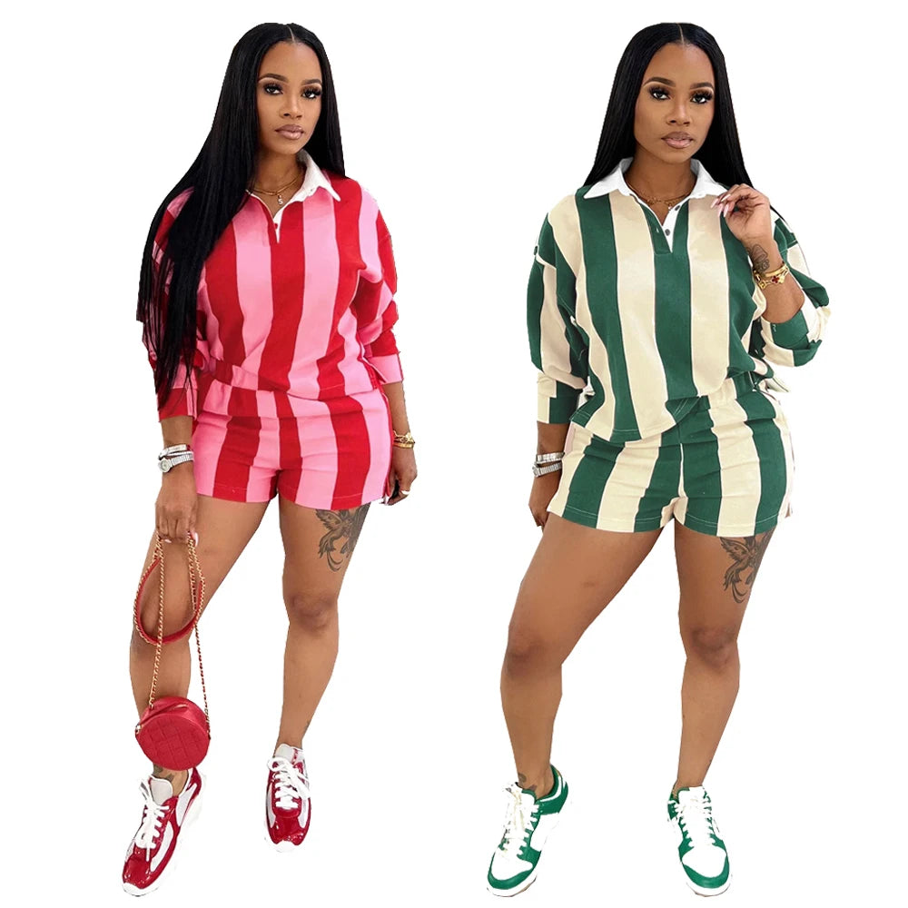 Women's Clothing Fashion Striped Sets Long Sleeve Polo-Neck T Shirt and Shorts 2025 Spring Summer 2 Two Piece Set Tracksuit