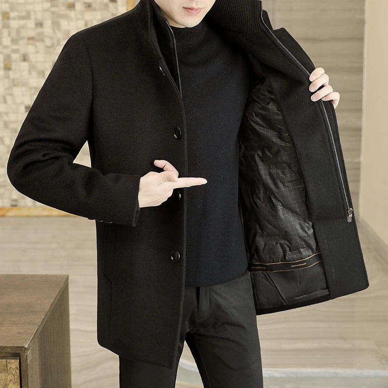 Men's Long Wool Coat High Quality Trendy Fashion Handsome Solid Color Wool Trench Coat with Removable Thickened down Inner Liner