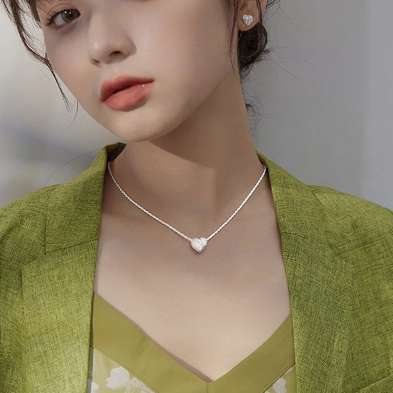 New 925 Sterling Silver Girls Hammer pattern Love Necklace Simple Heart shaped Pendant Women's Gift Boutique Jewelry NK153