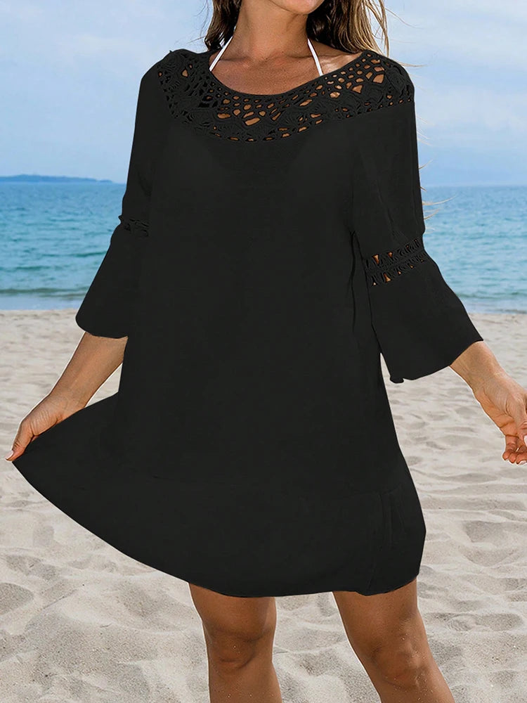 Sexy Hollow Out Beach Dress Women Hand Hook Stitching Crochet Swimsuit Cover Up Vestidos Female Bathing Suit Cover-Up Mini Dress