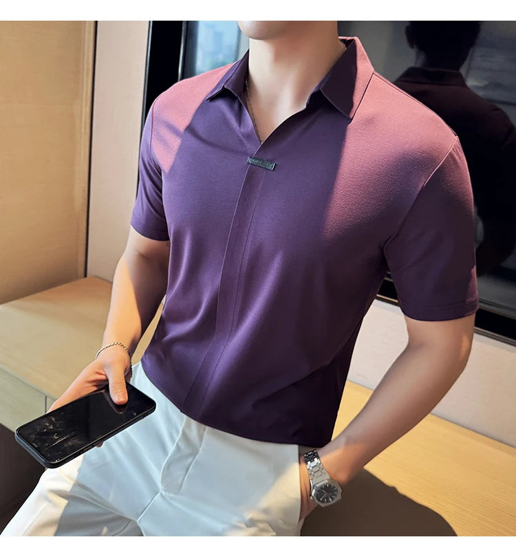 Luxury Purple Polo Shirts For Men High Quality Summer Short Sleeve Men's Polos Ice Silk Elastic Slim Fit Turn Down Collar Tees