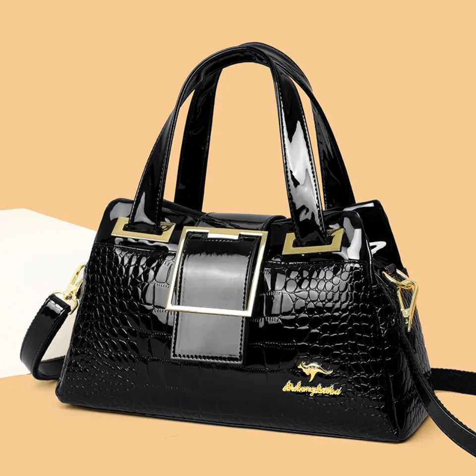Fashion Elegant Madam Handbag Crocodile Pattern with Lattice Luxury Women Shoulder Tote Bag Two Layers Ladies Bag Big Belt Sac