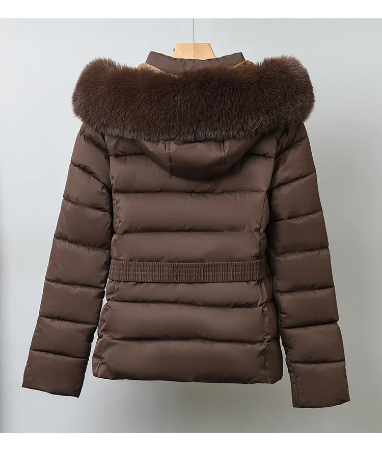 Winter Large Fur Coat Women With Belt Hooded Fur Collar Puffer Jacket Women New Warm Loose Parka Ladies Cotton Padded Overwear