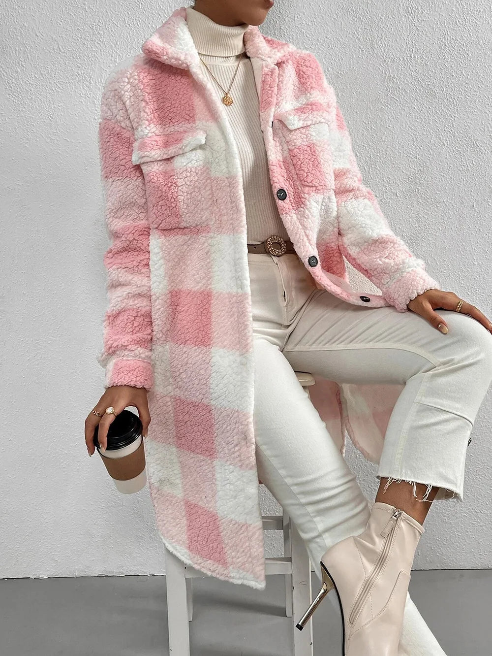 Cardigan 2023 Autumn Long Sleeved Turn-down Collar Plush Plaid Coat Loose Temperament Commuter Longline Jacket Women Outerwear