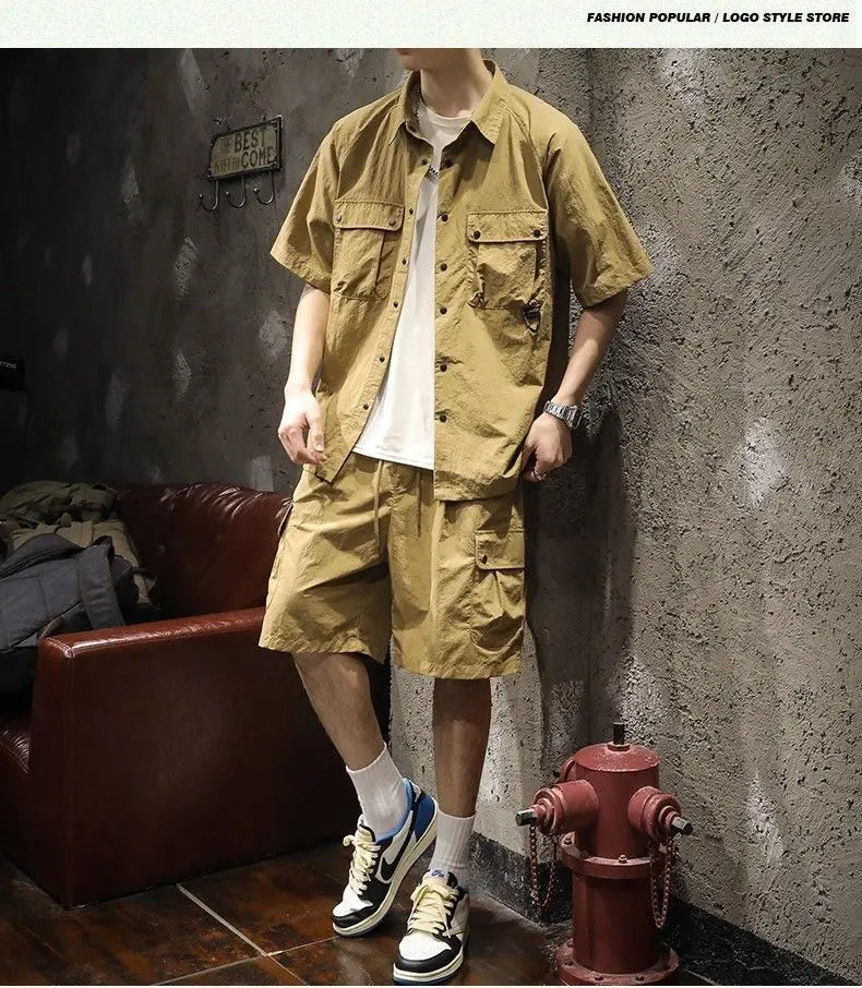 Trendy Cargo Summer Clothes Set Men Short Sleeve Shirt with Pockets And Shorts Solid Casual Safari Outdoor Outfits