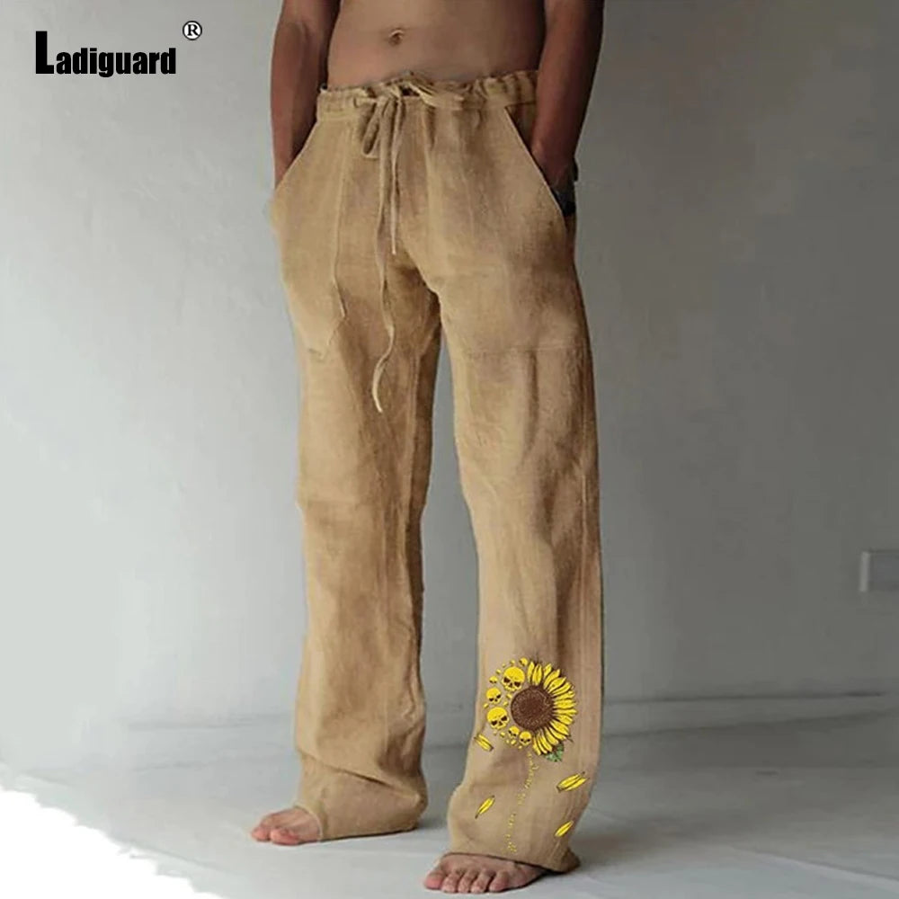 Plus Size 5xl Mens Loose Pants 2025 Summer Casual Linen Pants Male Fashion Print Trouser Men Patchwork Drawstring Leisure Pant