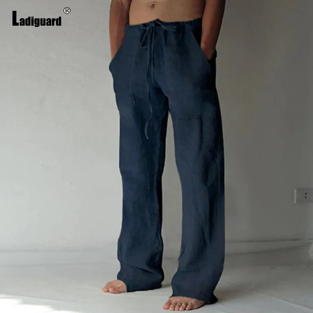 Plus Size 5xl Mens Loose Pants 2025 Summer Casual Linen Pants Male Fashion Print Trouser Men Patchwork Drawstring Leisure Pant