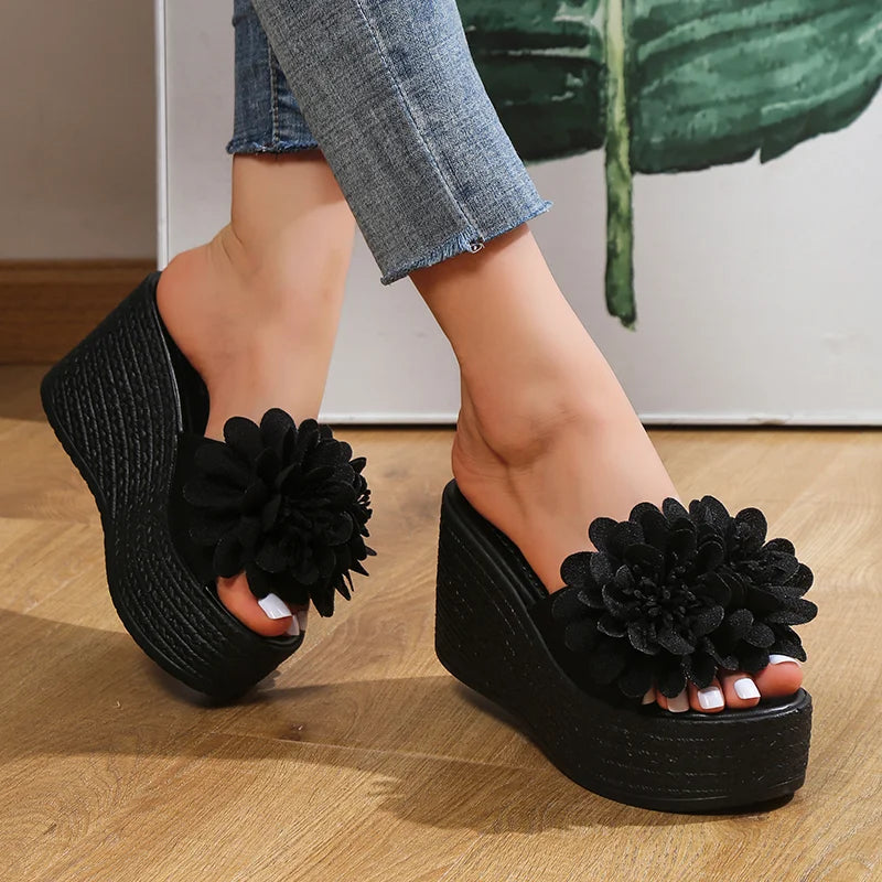 2025 Wedges Sandals Women Slippers Summer Beach Platform Shoes Flower Slippers Women High Heel Slippers Women Fashion