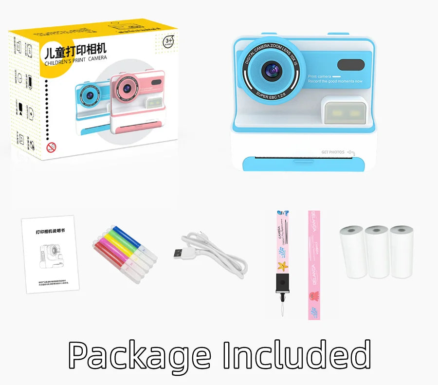 Kids Instant Print Camera 1080P 48MP 2.4 Inch Screen 16X Zoom Children Camera Thermal Printer Portable Travel Selfie Camera Toy