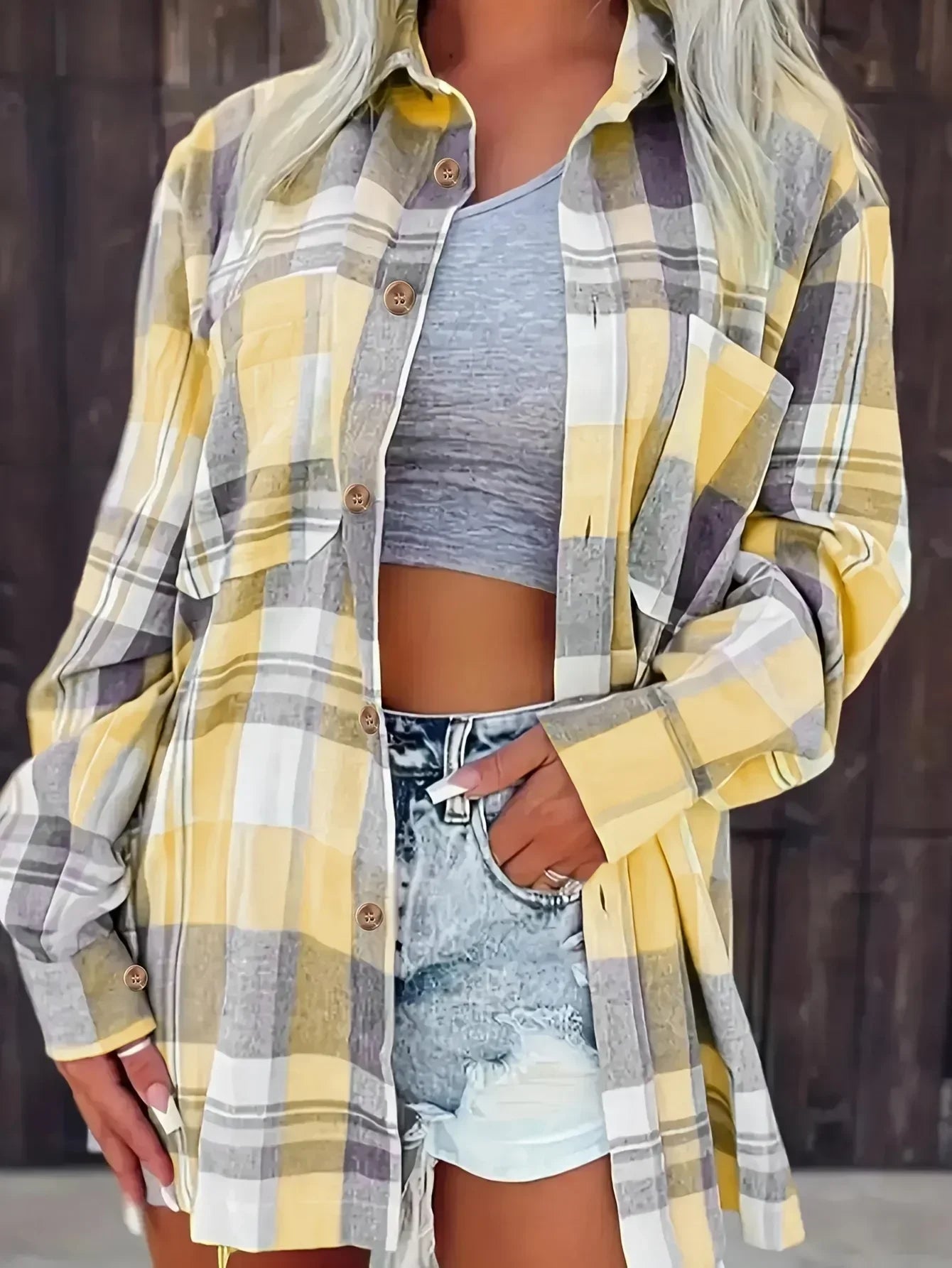 Plus Size Women Fashion 1XL-5XL Plaid Printed Shirt Casual Loose  Lapel Design Shirt Tops Long Sleeved Shirt