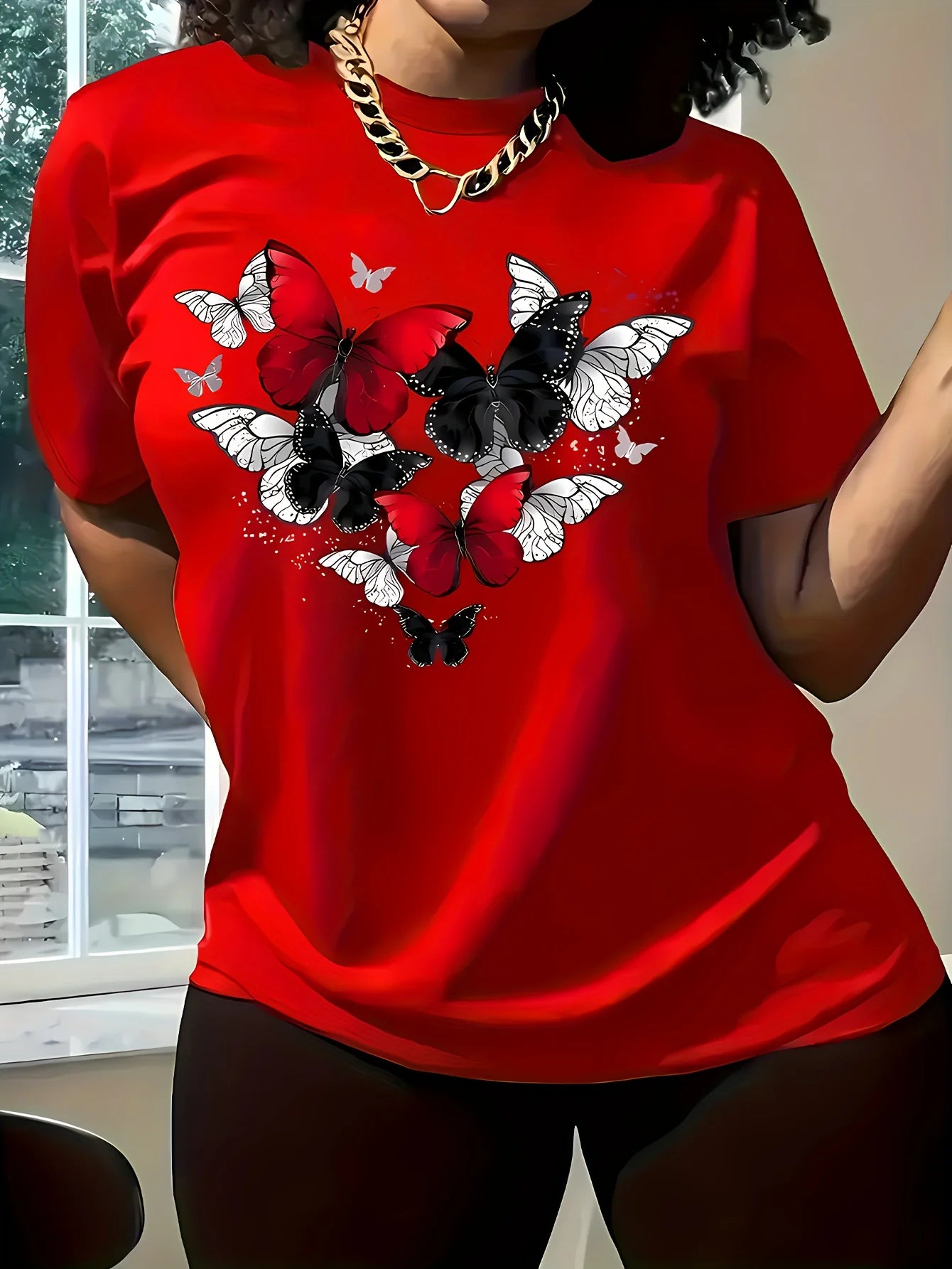 Women's Red Butterfly Heart Print T-Shirt Short Sleeve Round Neck Casual Top for Spring Summer & All-Season Wear