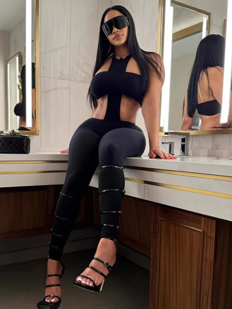 Weird Puss Sexy Backless Jumpsuit Women Halter Sleeveless Waistless Skinny Stretch Midnight Clubwear Fitness Activity Clubwear