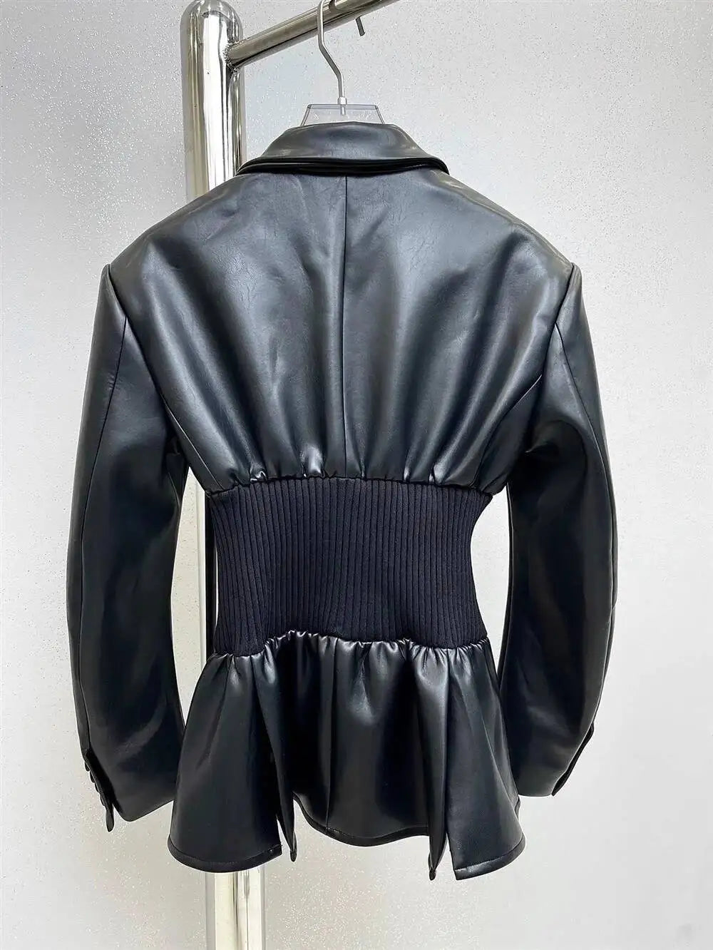DEAT Fashion Women's Blazer Notched Collar PU Patchwork Knitted Super Waist Silhouette Suit Jackets Spring 2025 New 17A2010H