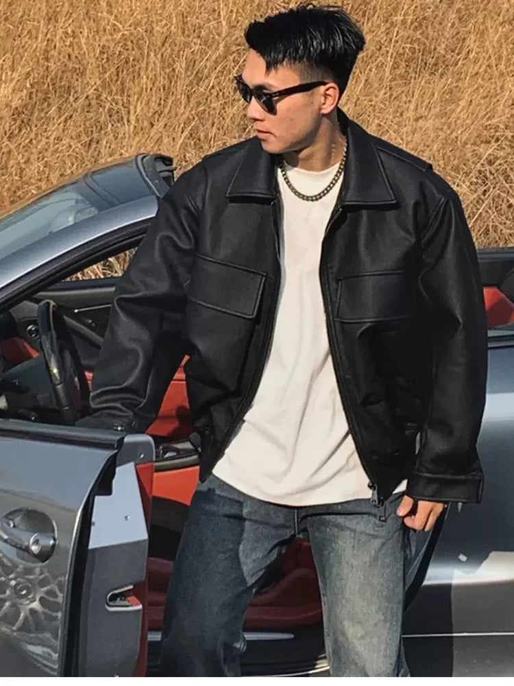 Mauroicardi Spring Cool Handsome Oversized Short Matte Black Pu Leather jacket Men Zipper Pockets Loose Luxury Designer Clothes