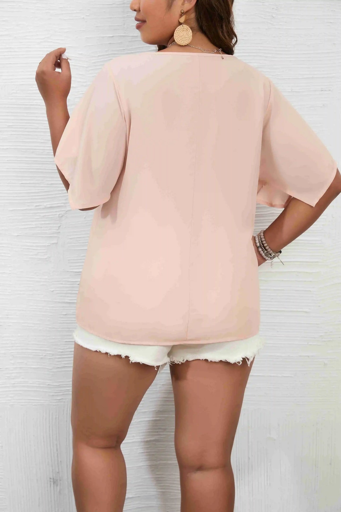 Women's Plus Size 1XL-5XL Solid Color Short Sleeve Blouse V Neck Bell Sleeve Blouse Casual Pullovers Shirt Top