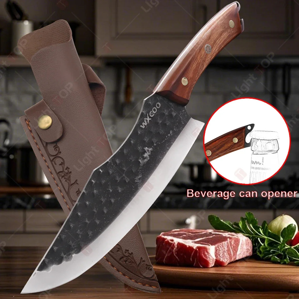 Kitchen Knife Supplies Forged Butcher Knife Fruit Slicing Bottle Opener Knife Multipurpose BBQ Cooking Chef Knife Wood Handle