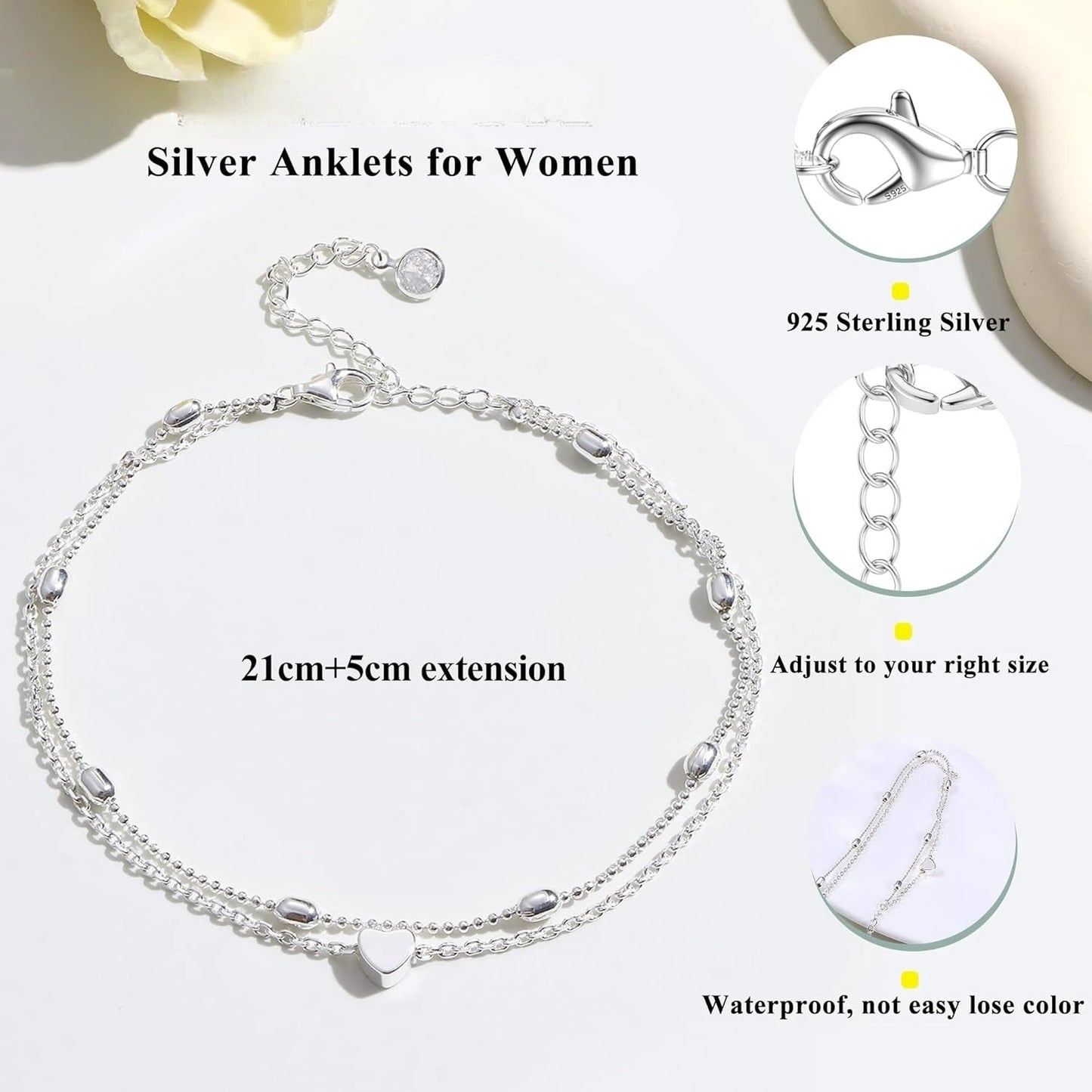 Bobisty Ankle Bracelets for Women Silver Buckle Waterproof Dainty Anklets Adjustable Layered Heart  Anklets Summer Jewelry Gift