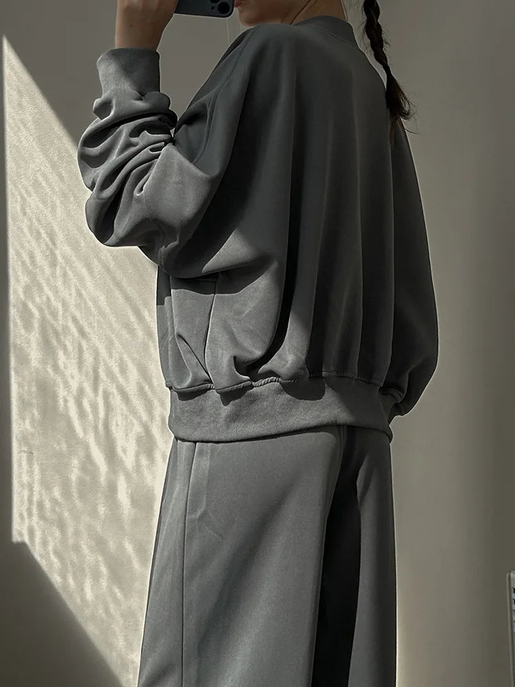 Gray Straight Pants Two Pieces Sets Women Outfit Long Sweatpants Street Wear Zipper Jacket Track Suits Sweatshirt Sets For Women