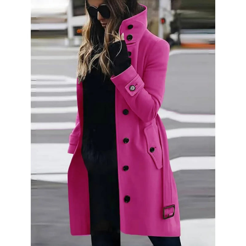 Women's Wool Blend Coat Winter Warm Single Breasted Jacket with Turn-down Collar Long Outerwear Female Clothing