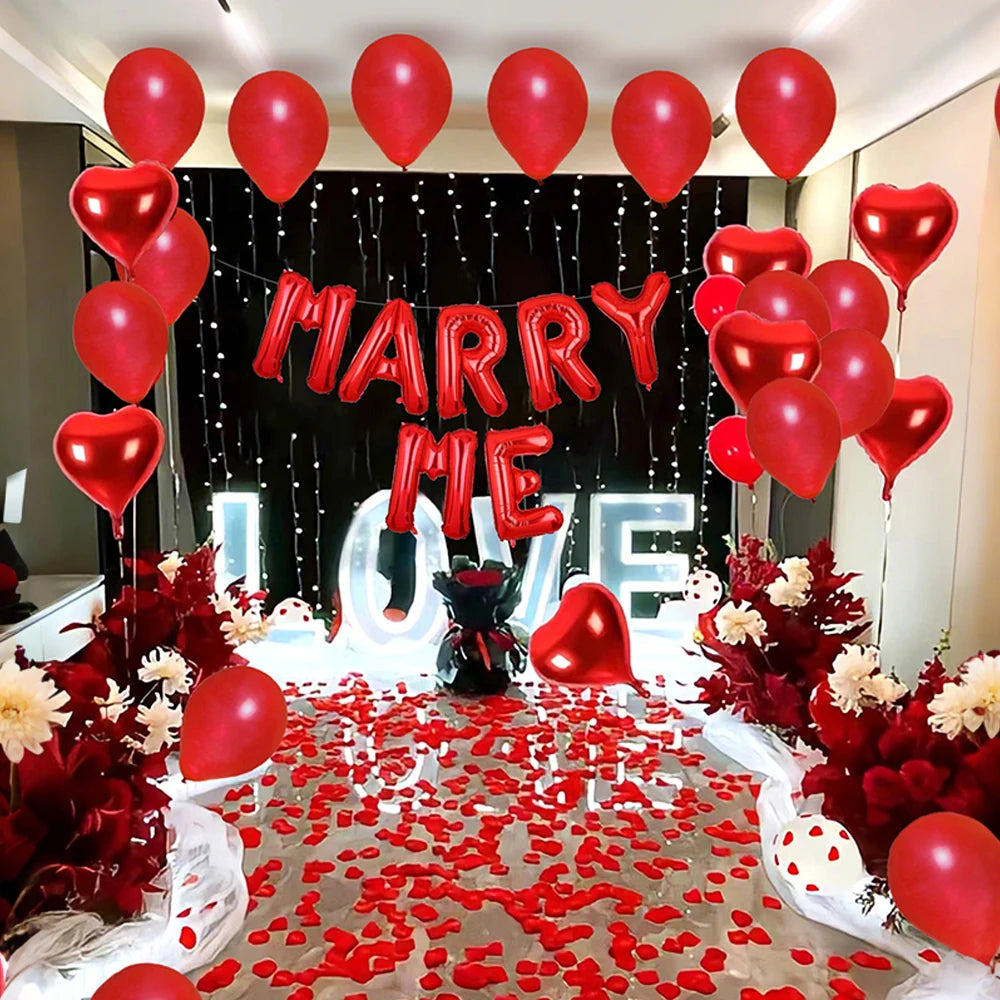 Marry me Red Balloon Set Simulation Rose Petals Heart shaped Balloon Valentine's Day Confession Proposal Decoration