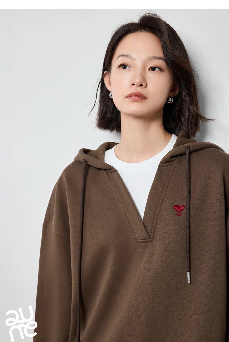 TOYOUTH Women Hoodies Sweatshirt 2024 Autumn New Heart Patter Embroidery Fake Two Piece Hooded Pullover Tops
