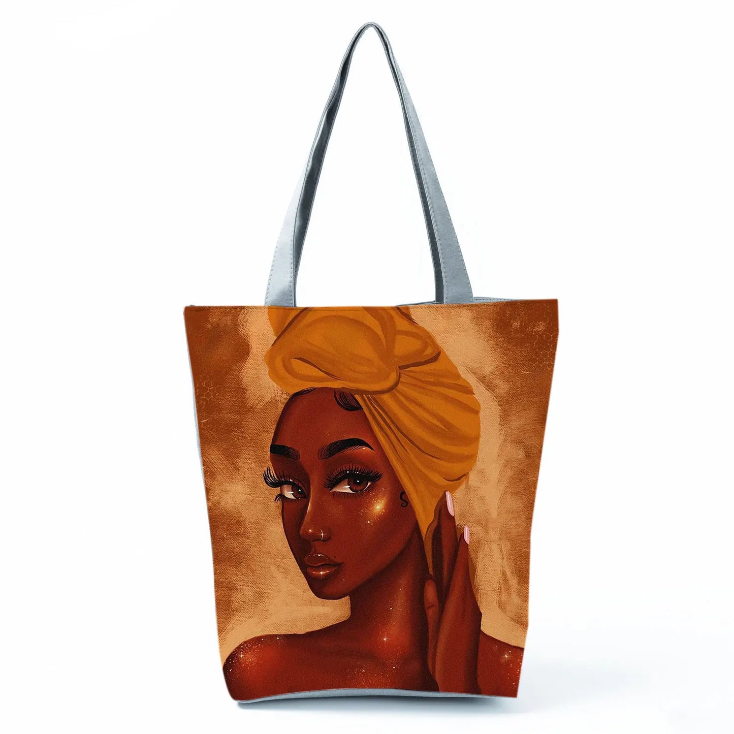 Golden Afro Woman Printed Handbags Pretty Fashion Shoulder Bag Eco Portable Shopping Bag High Capacity Beach Bag Practical Tote