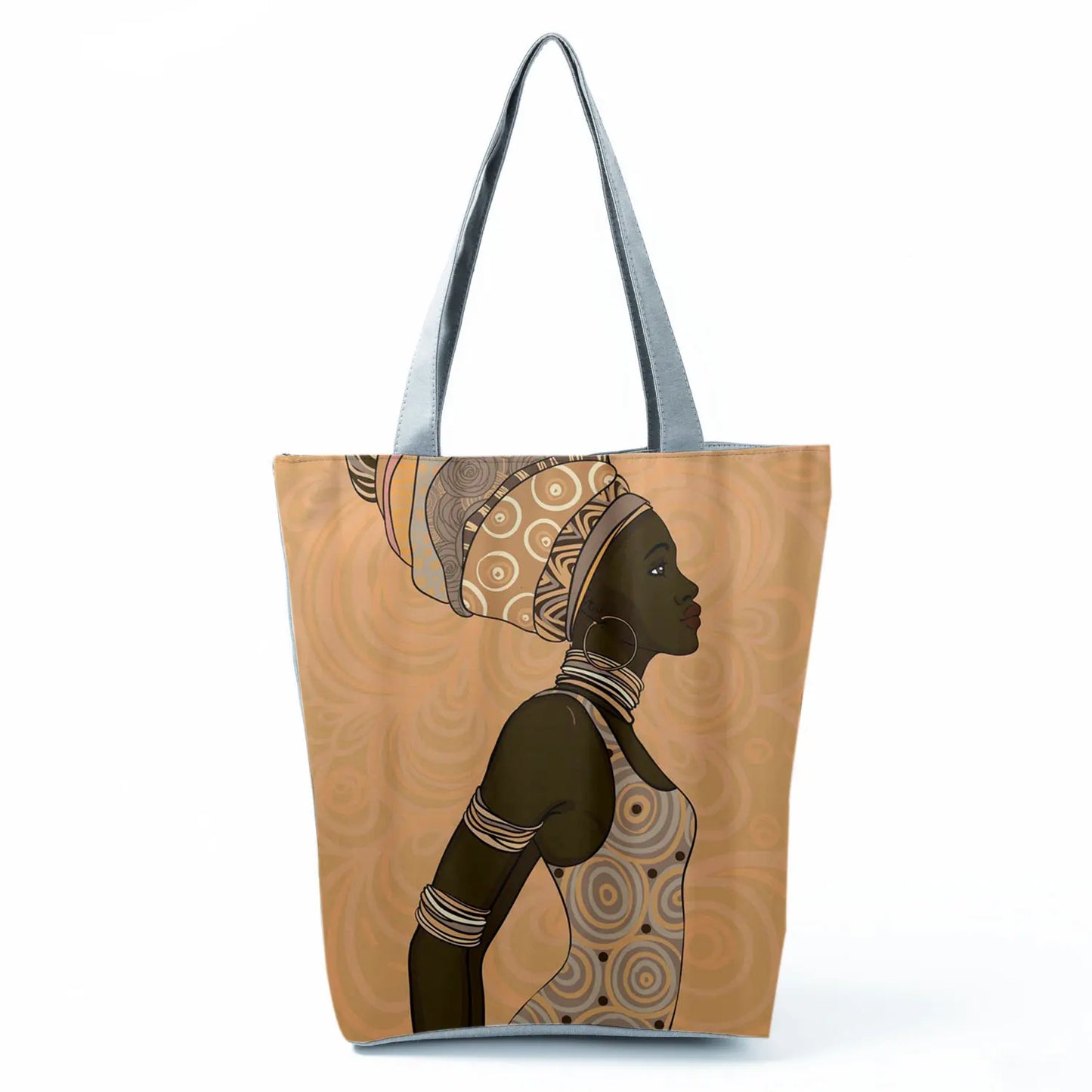 Golden Afro Woman Printed Handbags Pretty Fashion Shoulder Bag Eco Portable Shopping Bag High Capacity Beach Bag Practical Tote
