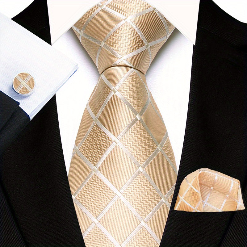 Men's Floral Paisley Striped Plaid Necktie & Handkerchief & Cufflink Set, Formal Business Wedding Necktie Set, Ideal Choice For Gifts