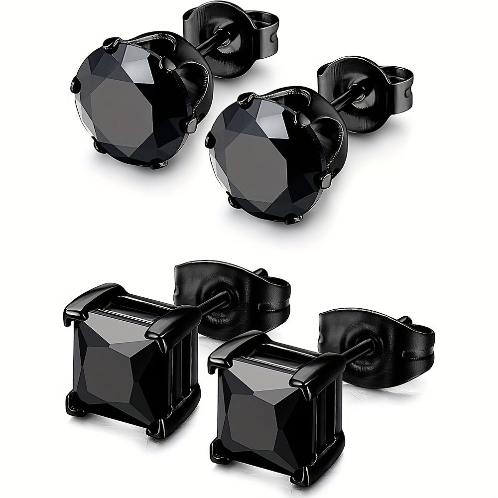 2 Pairs Stainless Steel Unisex CZ Stud Earrings - Durable Hypoallergenic, Jet Black, Sparkling Cubic Zirconia, Perfect for Men & Women