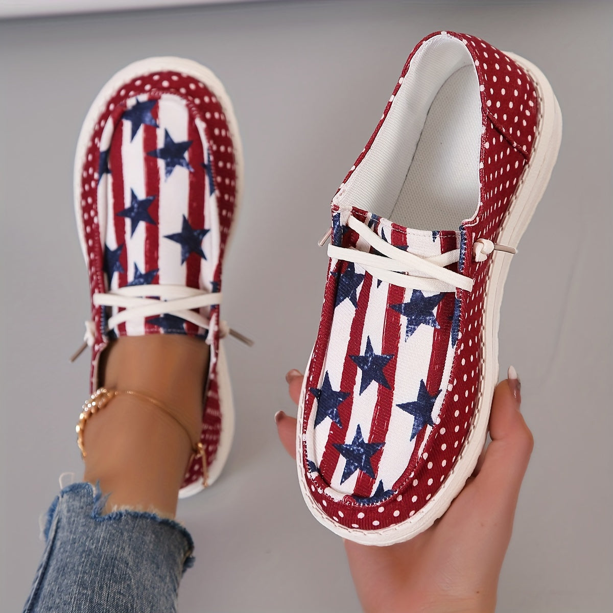 Stylish Womens Canvas Shoes - Breathable Mesh Inner, Geometric Pattern, Lightweight Rubber Sole, Round Toe, Casual Lace Up Sneakers for Outdoor Activities - Independence Day Flag Element Design